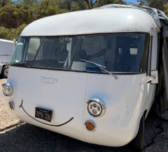 Front view of the white Corvair Ultra Van during our visit